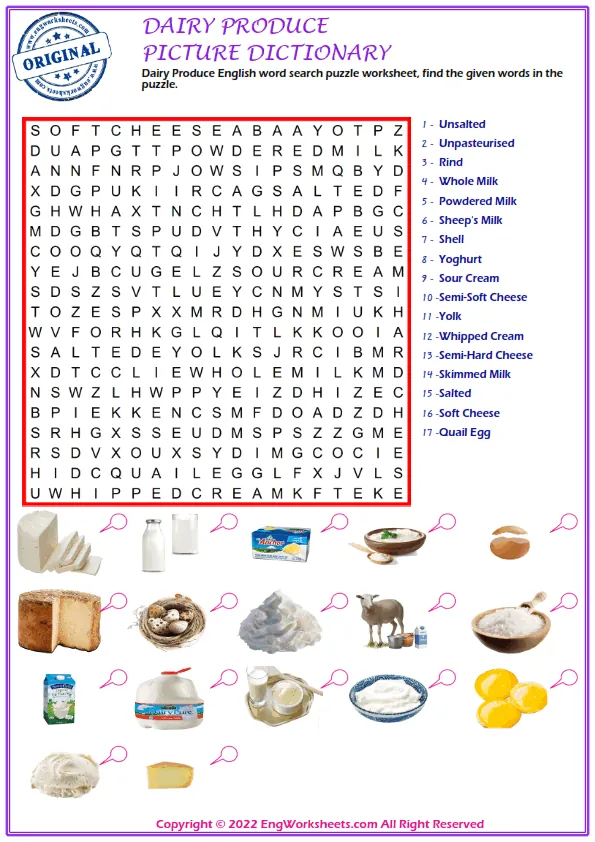 Dairy Produce English word search puzzle worksheet, find the given words in the puzzle.