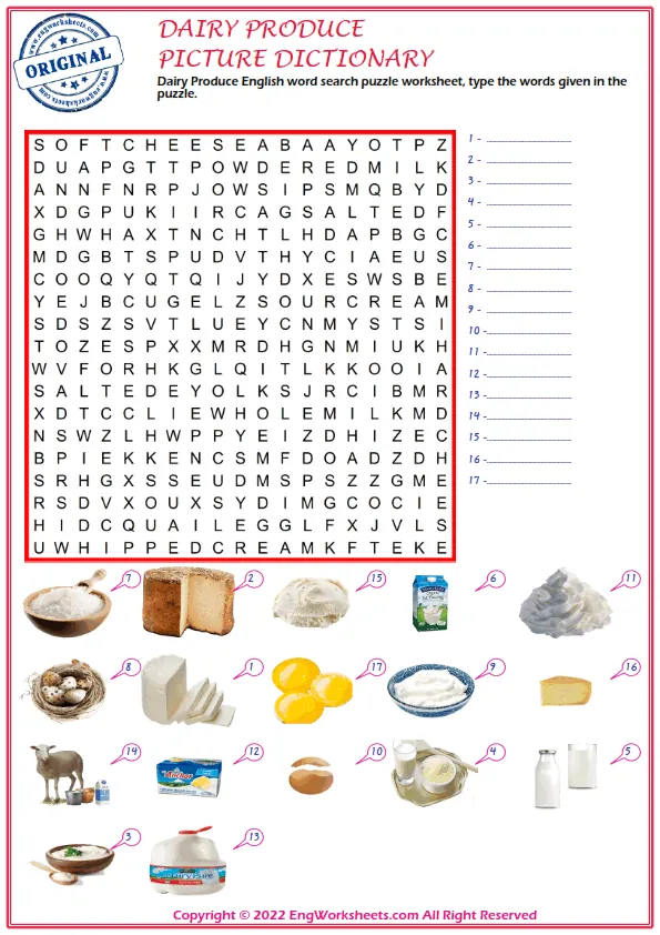 Dairy Produce English word search puzzle worksheet, type the words given in the puzzle.