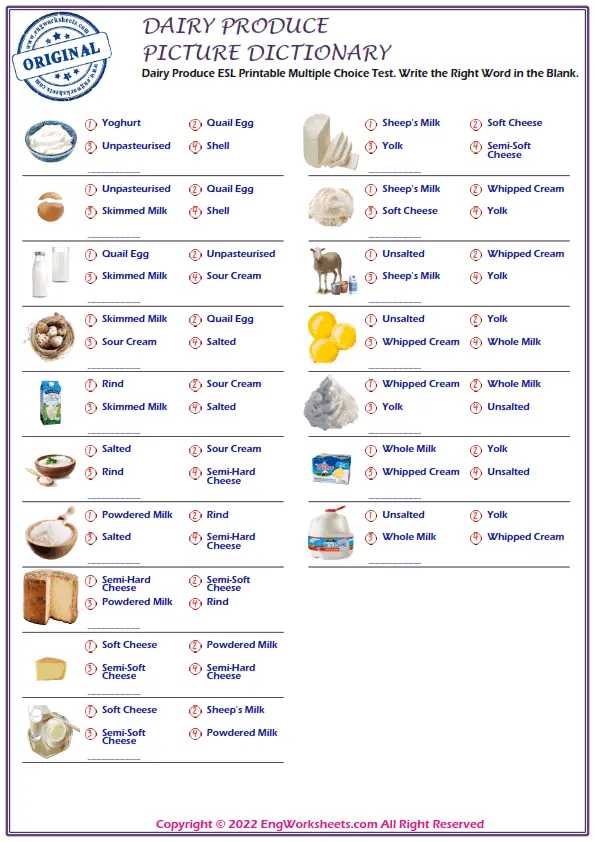Dairy Produce ESL Printable Multiple Choice Test. Write the Right Word in the Blank.