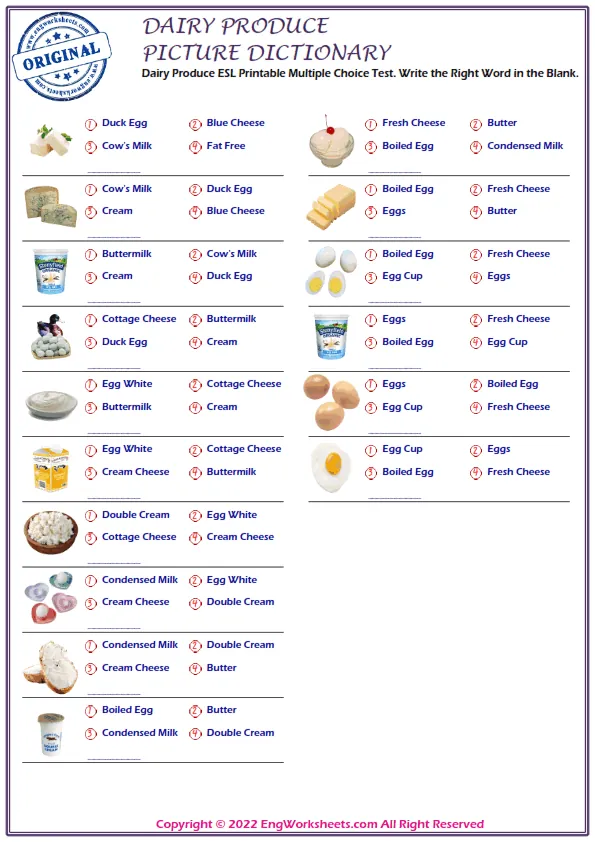 Dairy Produce ESL Printable Multiple Choice Test. Write the Right Word in the Blank.