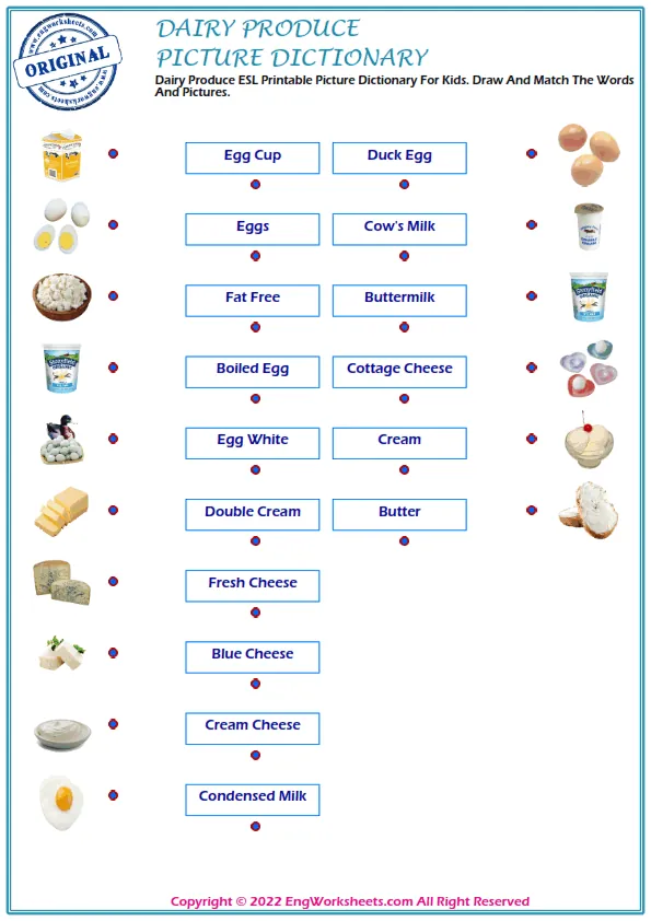 Dairy Produce ESL Printable Picture Dictionary For Kids. Draw And Match The Words And Pictures.