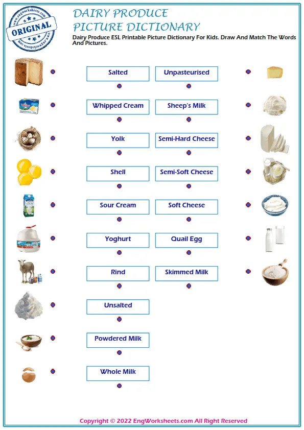Dairy Produce ESL Printable Picture Dictionary For Kids. Draw And Match The Words And Pictures.