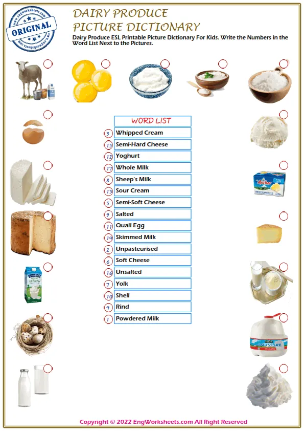 Dairy Produce ESL Printable Picture Dictionary For Kids. Write the Numbers in the Word List Next to the Pictures.