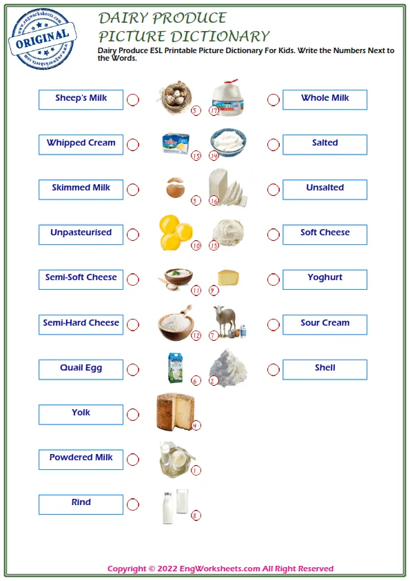 Dairy Produce ESL Printable Picture Dictionary For Kids. Write the Numbers Next to the Words.