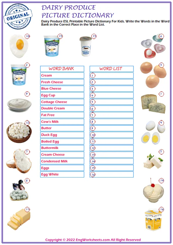 Dairy Produce ESL Printable Picture Dictionary For Kids. Write the Words in the Word Bank in the Correct Place in the Word List.