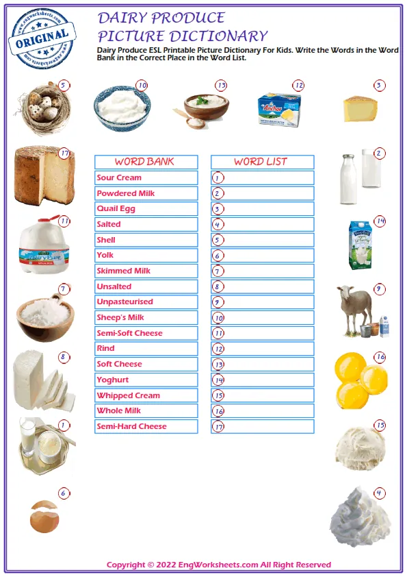 Dairy Produce ESL Printable Picture Dictionary For Kids. Write the Words in the Word Bank in the Correct Place in the Word List.