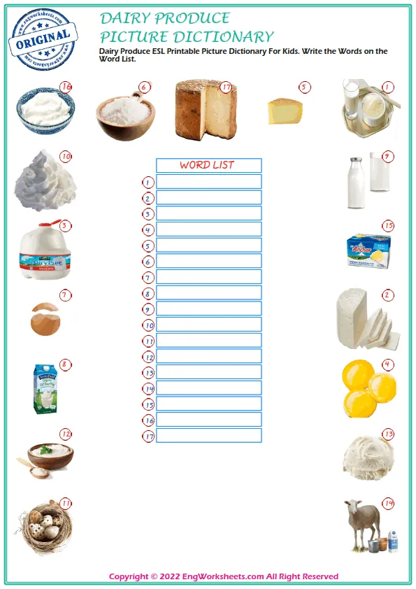 Dairy Produce ESL Printable Picture Dictionary For Kids. Write the Words on the Word List.