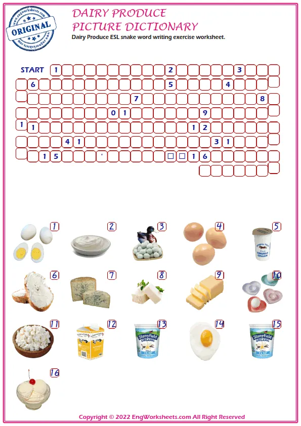 Dairy Produce ESL snake word writing exercise worksheet.