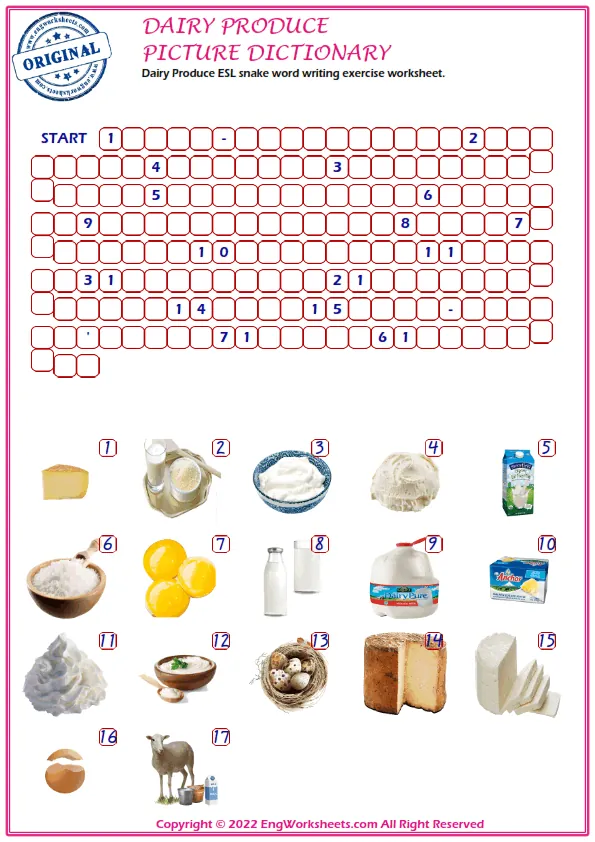 Dairy Produce ESL snake word writing exercise worksheet.
