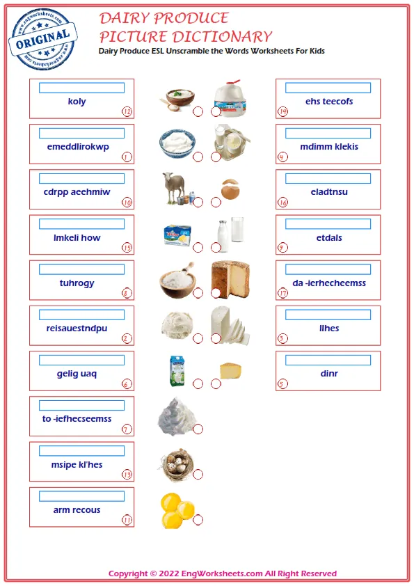 Dairy Produce ESL Unscramble the Words Worksheets For Kids