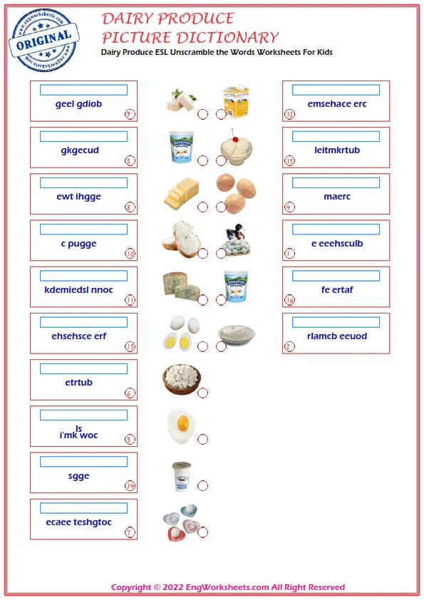 Dairy Produce ESL Unscramble the Words Worksheets For Kids