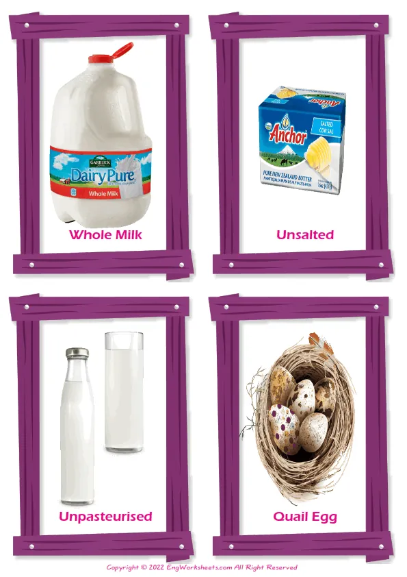 Wordless Dairy Produce vocabulary worksheet with four images per page