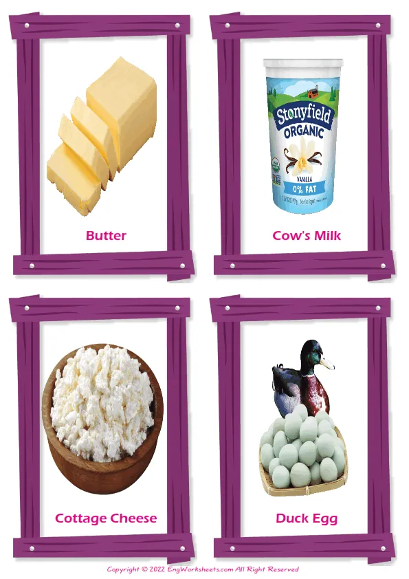 Dairy Produce vocabulary worksheet with words, four images per page