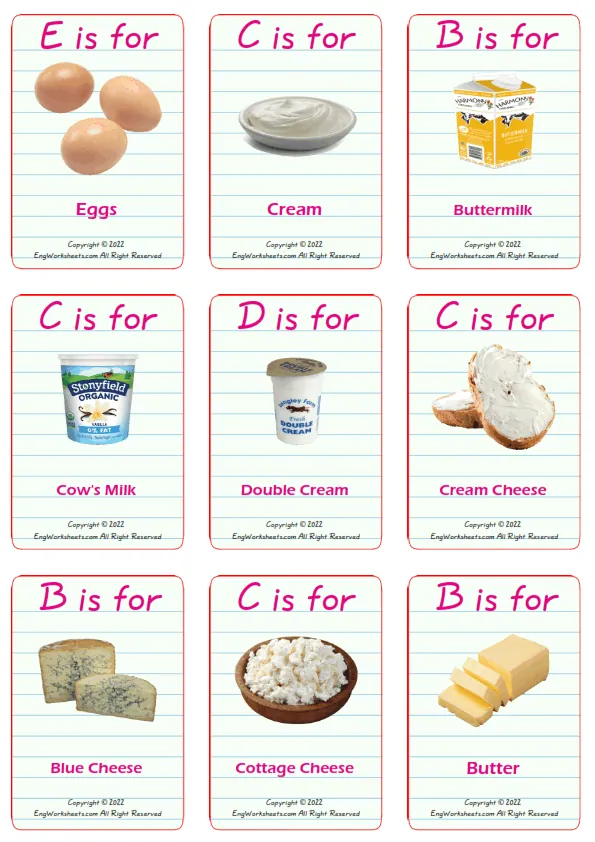 Dairy Produce vocabulary worksheet with words, nine images per page