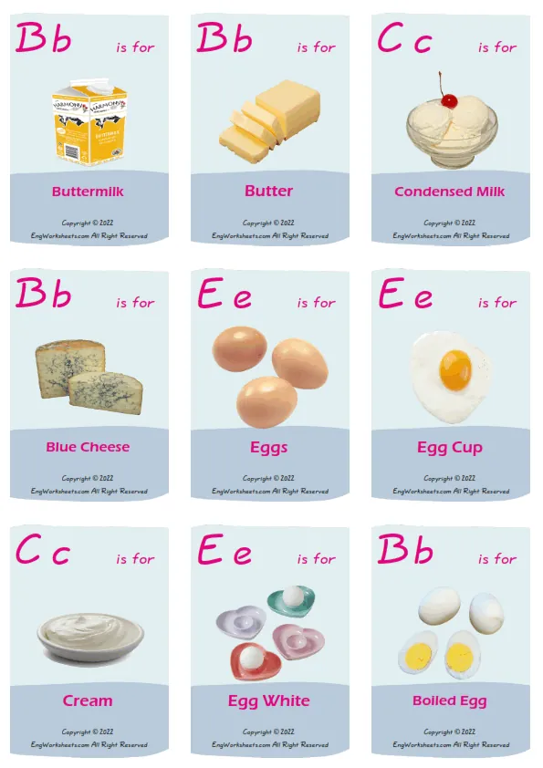 Dairy Produce vocabulary worksheet with words, nine images per page