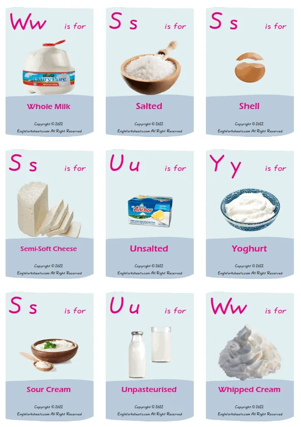 Dairy Produce vocabulary worksheet with words, six images per page