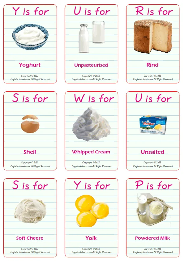 Dairy Produce vocabulary worksheet with words, nine images per page