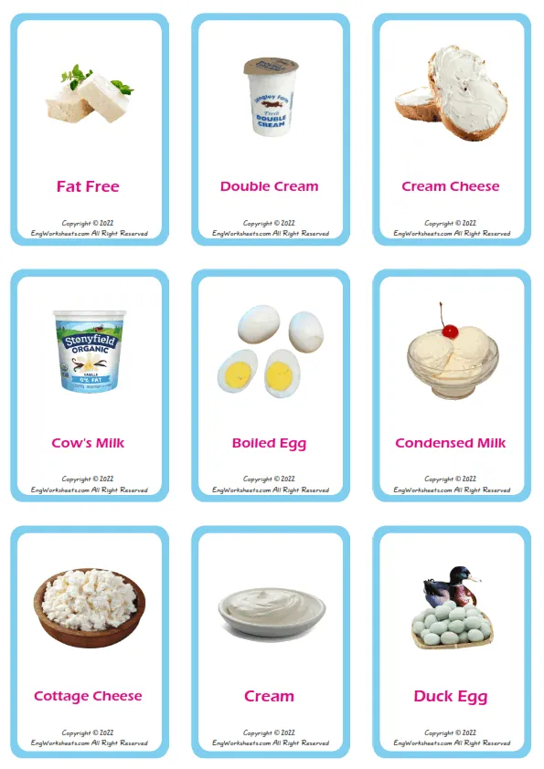 Dairy Produce vocabulary worksheet with words, nine images per page