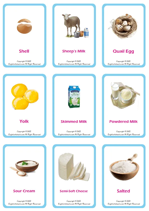 Dairy Produce vocabulary worksheet with words, nine images per page