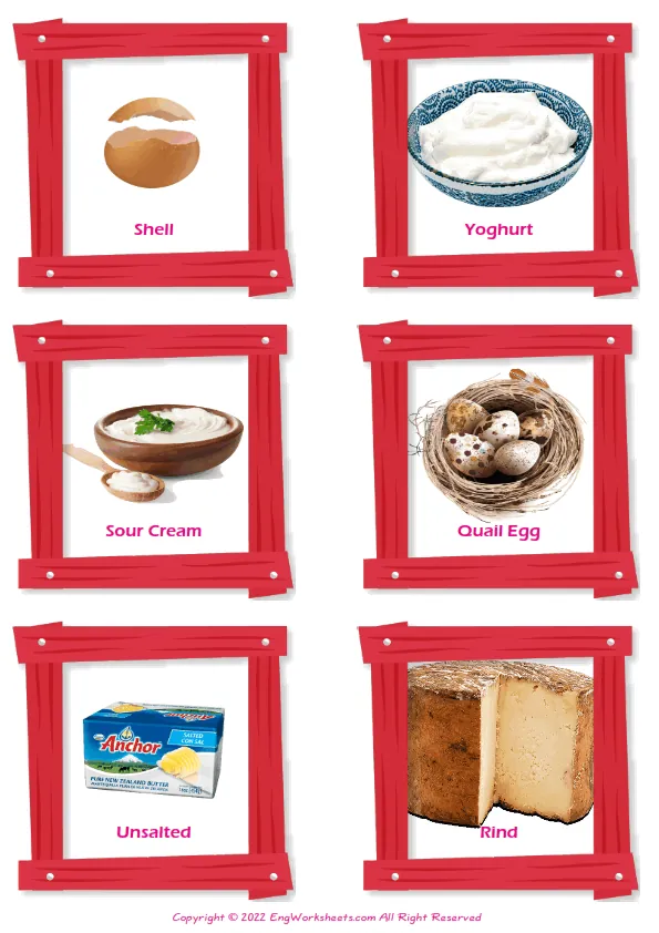 Wordless Dairy Produce vocabulary worksheet with six images per page