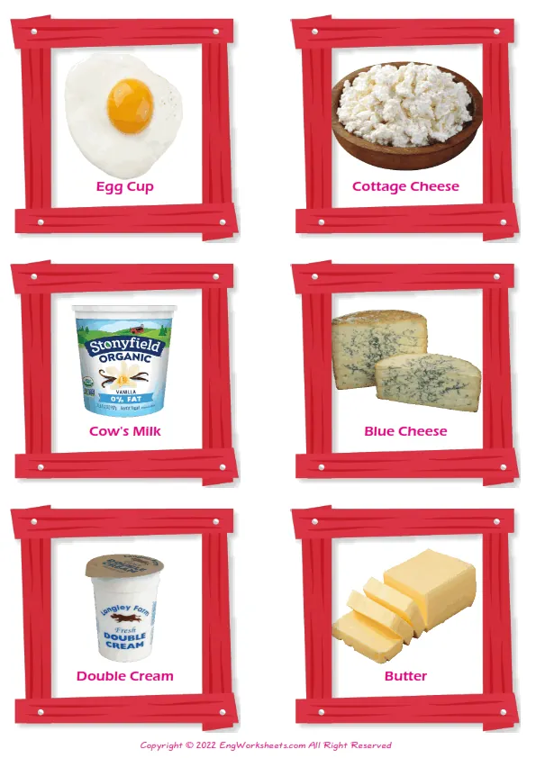 Dairy Produce vocabulary worksheet with words, six images per page