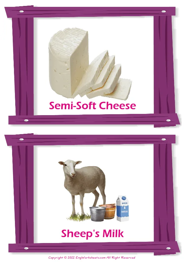 Wordless Dairy Produce vocabulary worksheet with two images per page