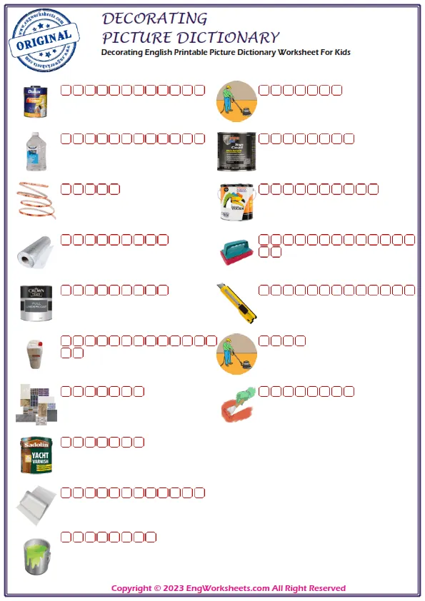Decorating English Printable Picture Dictionary Worksheet For Kids