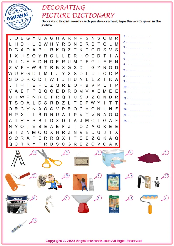 Decorating English word search puzzle worksheet, type the words given in the puzzle.