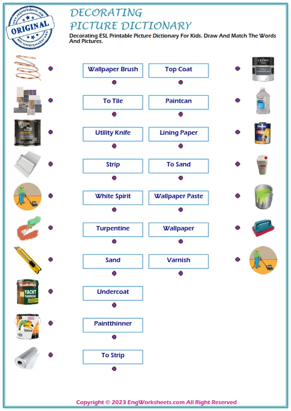 Decorating ESL Printable Picture Dictionary For Kids. Draw And Match The Words And Pictures.