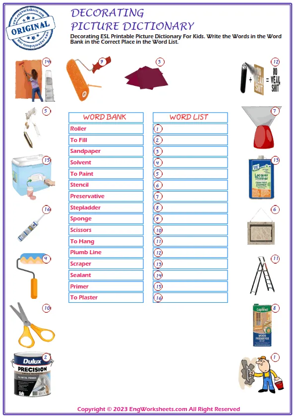 Decorating ESL Printable Picture Dictionary For Kids. Write the Words in the Word Bank in the Correct Place in the Word List.