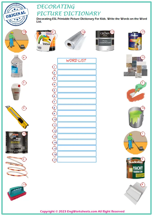 Decorating ESL Printable Picture Dictionary For Kids. Write the Words on the Word List.