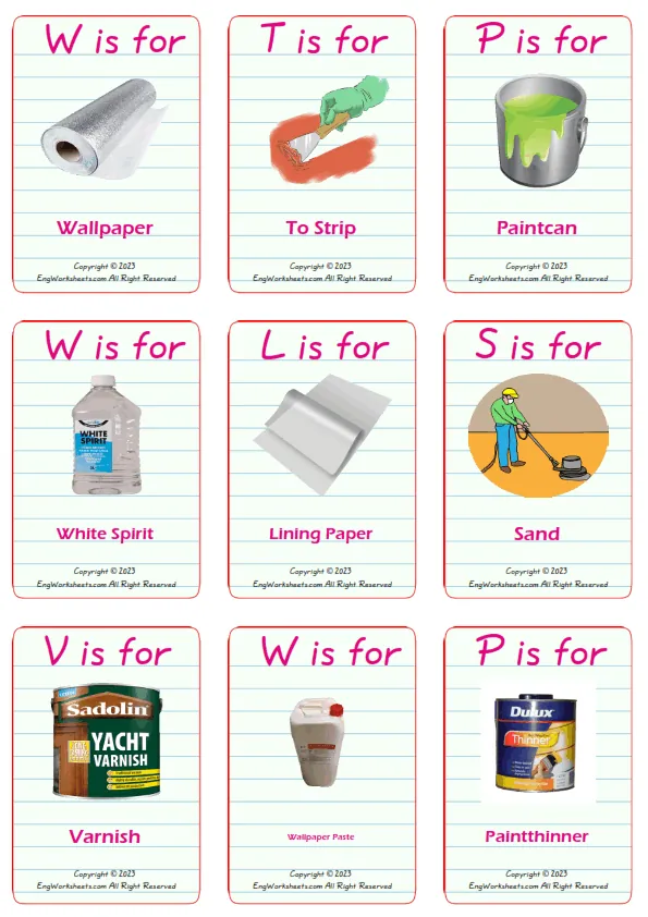 Decorating vocabulary worksheet with words, nine images per page