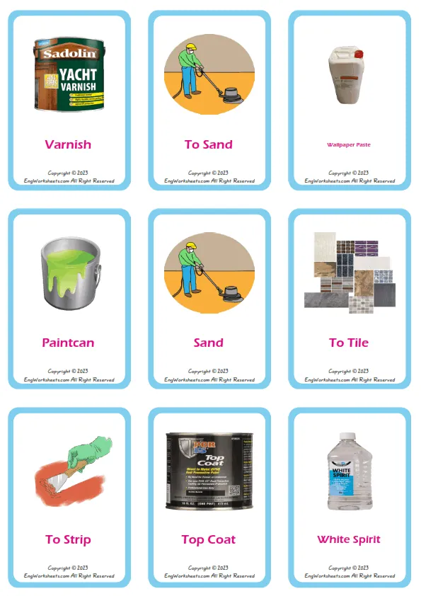 Decorating vocabulary worksheet with words, nine images per page
