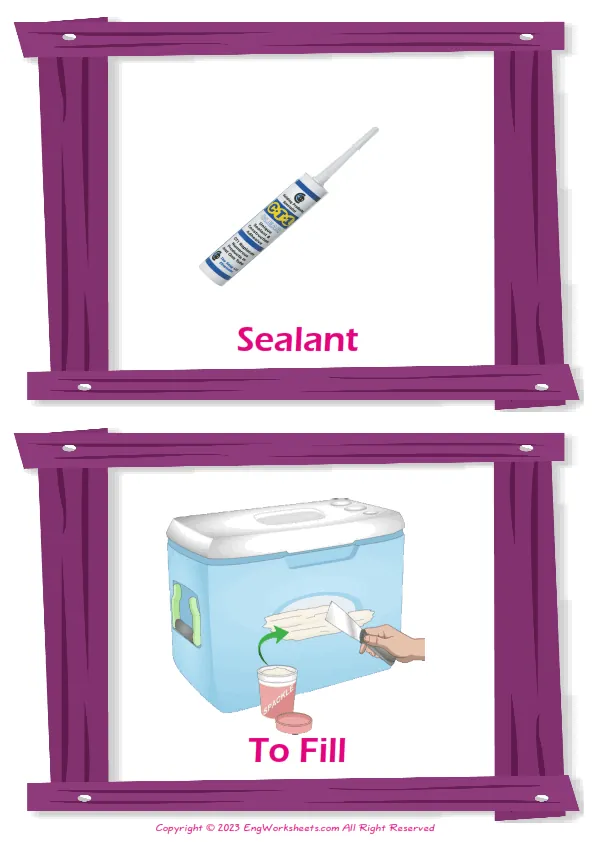 Decorating vocabulary worksheet with words, two images per page