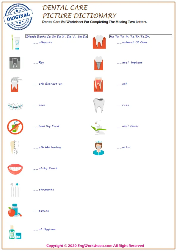 Wordless Dental Care vocabulary worksheet with six images per page