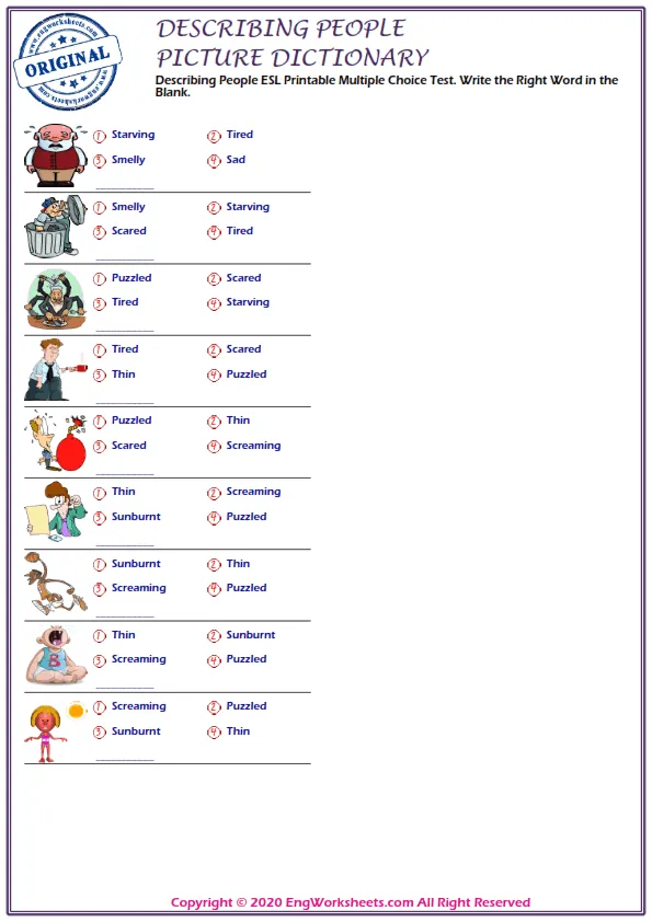 Describing People ESL Printable Multiple Choice Test. Write the Right Word in the Blank.