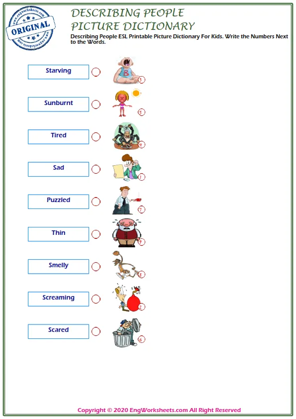 Describing People ESL Printable Picture Dictionary For Kids. Write the Numbers Next to the Words.