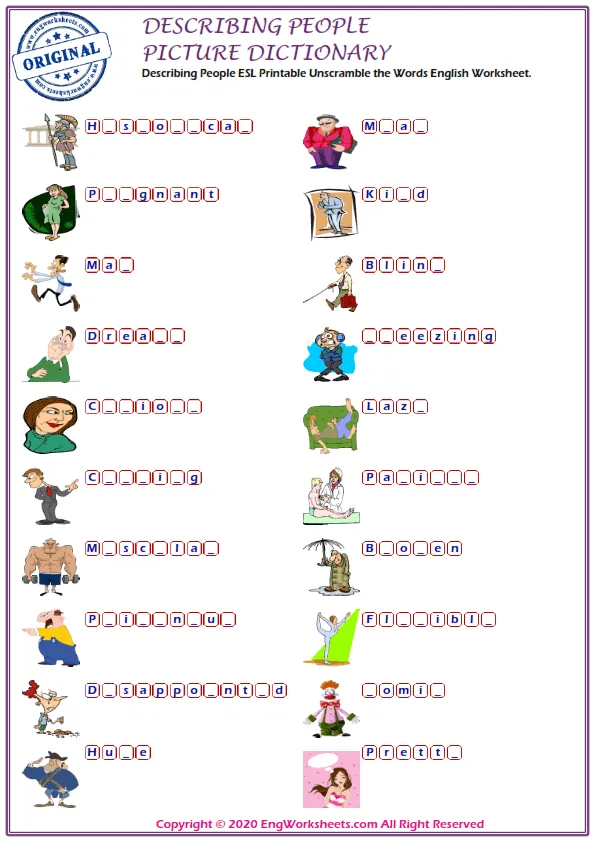 Describing People ESL Printable Unscramble the Words English Worksheet.