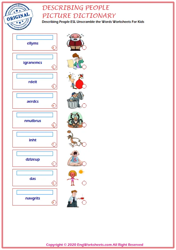 Describing People ESL Unscramble the Words Worksheets For Kids