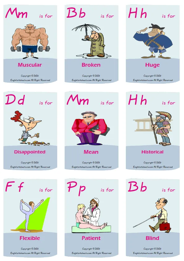 Describing People vocabulary worksheet with words, nine images per page