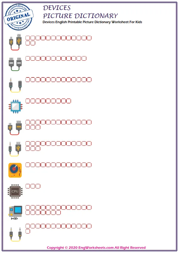 Devices English Printable Picture Dictionary Worksheet For Kids