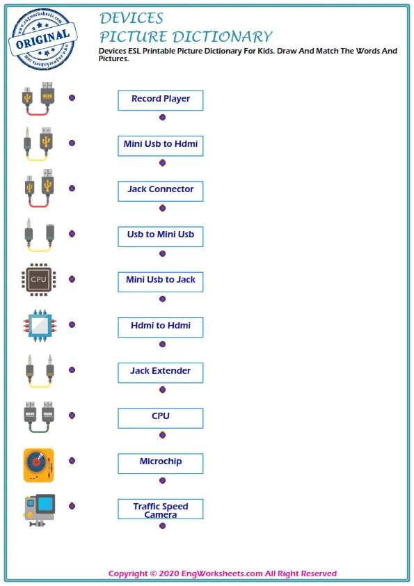 Devices ESL Printable Picture Dictionary For Kids. Draw And Match The Words And Pictures.