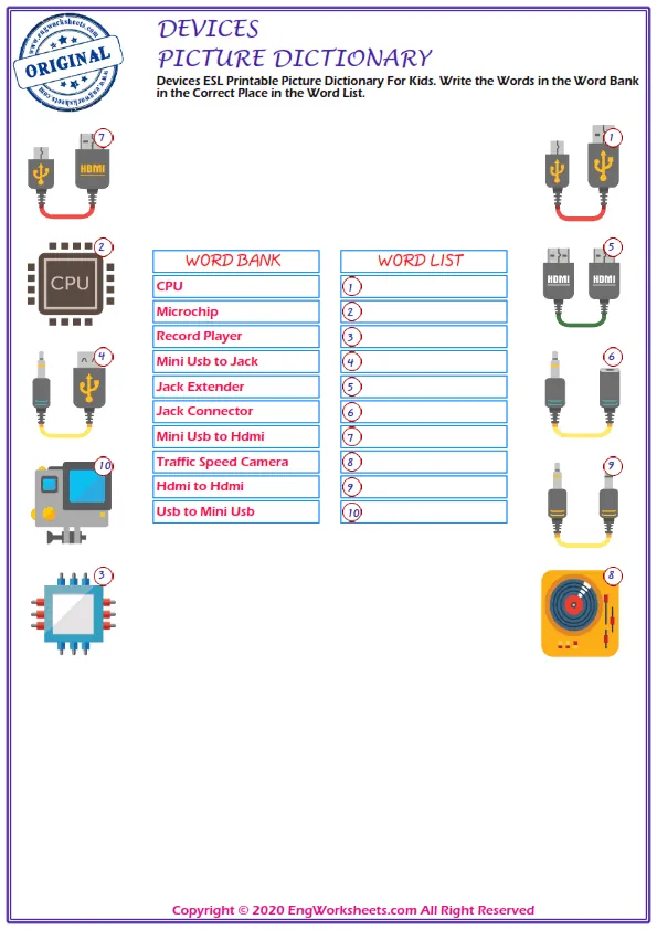 Devices ESL Printable Picture Dictionary For Kids. Write the Words in the Word Bank in the Correct Place in the Word List.