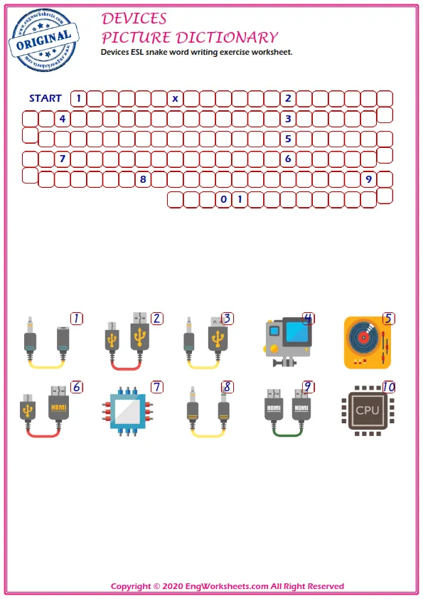 Devices ESL snake word writing exercise worksheet.