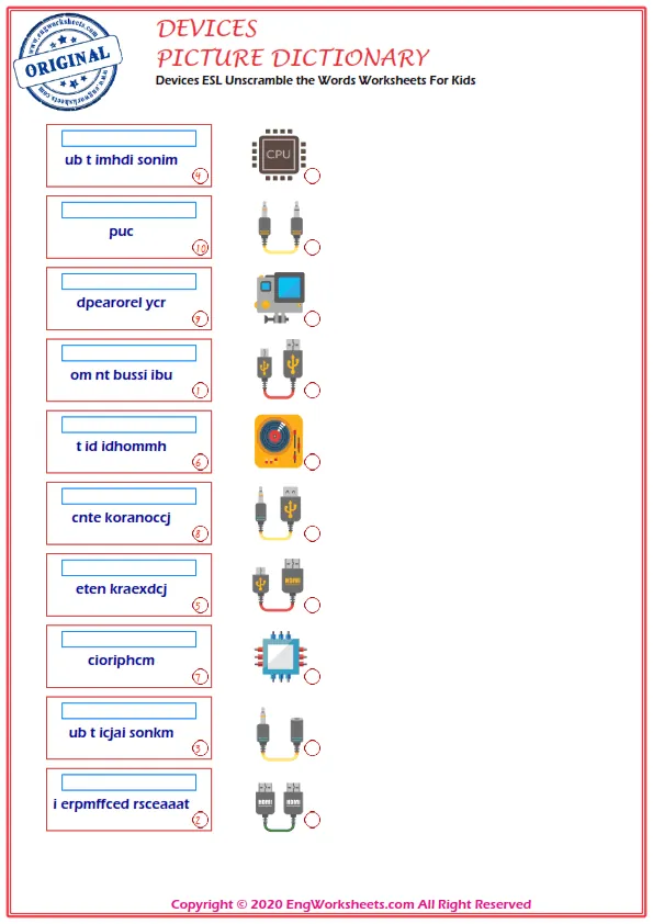 Devices ESL Unscramble the Words Worksheets For Kids