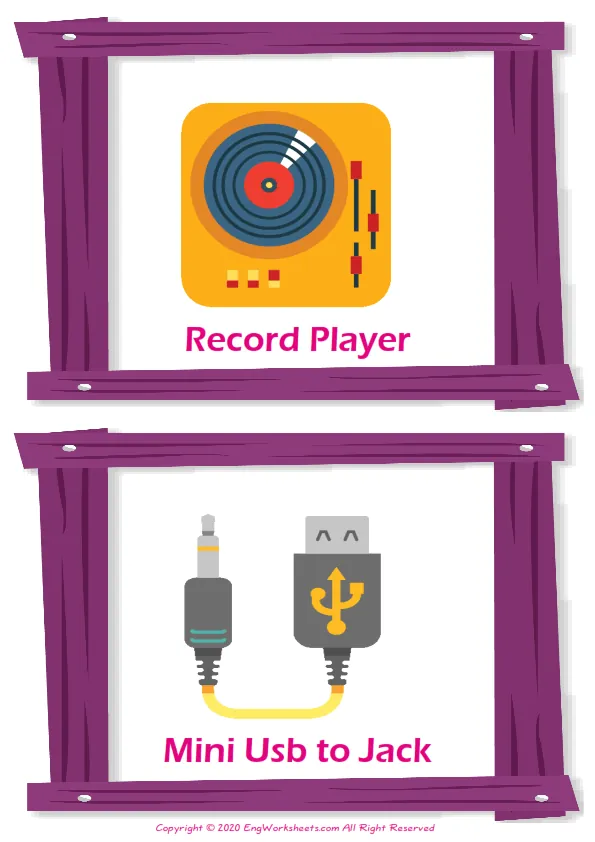Devices vocabulary worksheet with words, two images per page