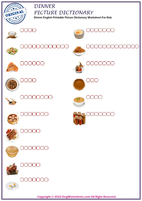 Dinner English Printable Picture Dictionary Worksheet For Kids