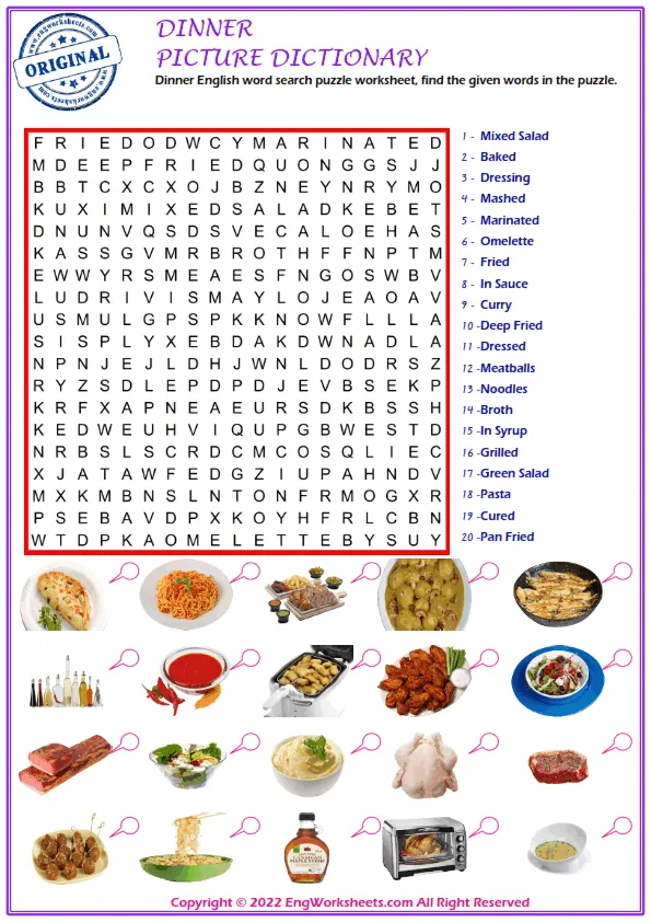 Dinner English word search puzzle worksheet, find the given words in the puzzle.