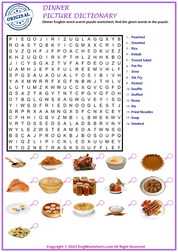 Dinner English word search puzzle worksheet, find the given words in the puzzle.