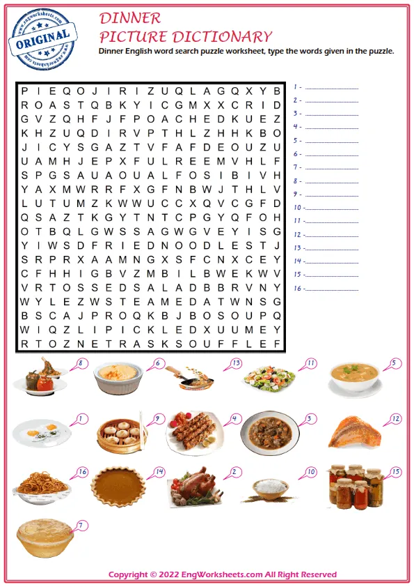 Dinner English word search puzzle worksheet, type the words given in the puzzle.